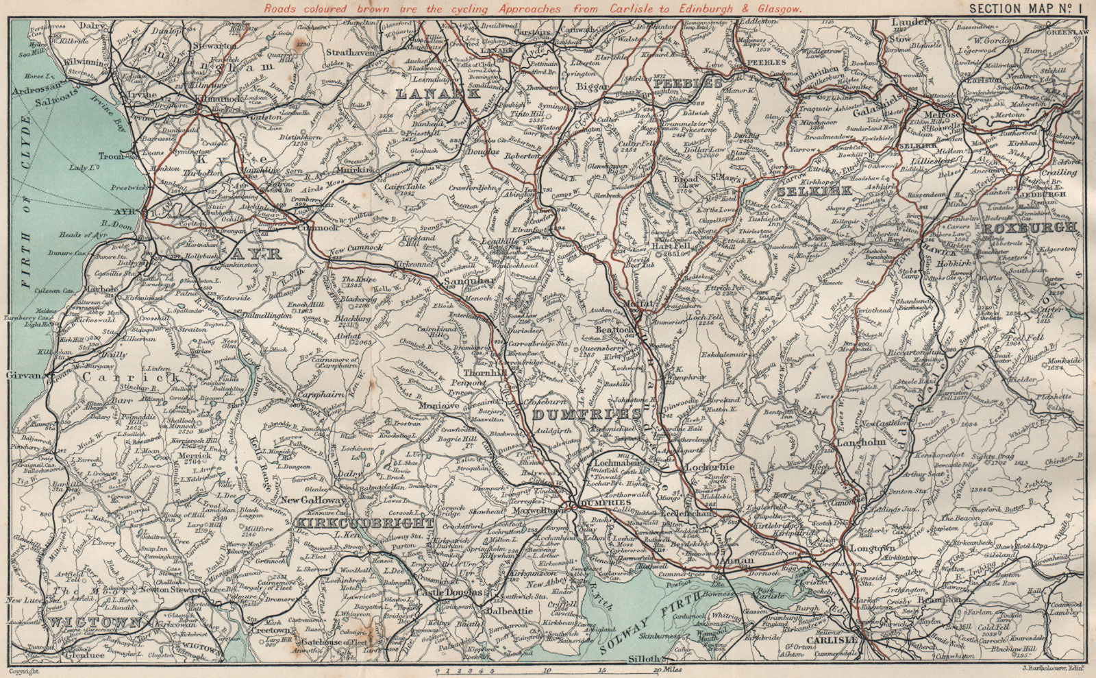 DUMFRIES & GALLOWAY. Carlisle Wigtown Kirkudbright Selkirk Peebles Ayr 1908 map